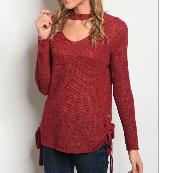 Dark Red Side Tie Sweater - Picture 5 of 6